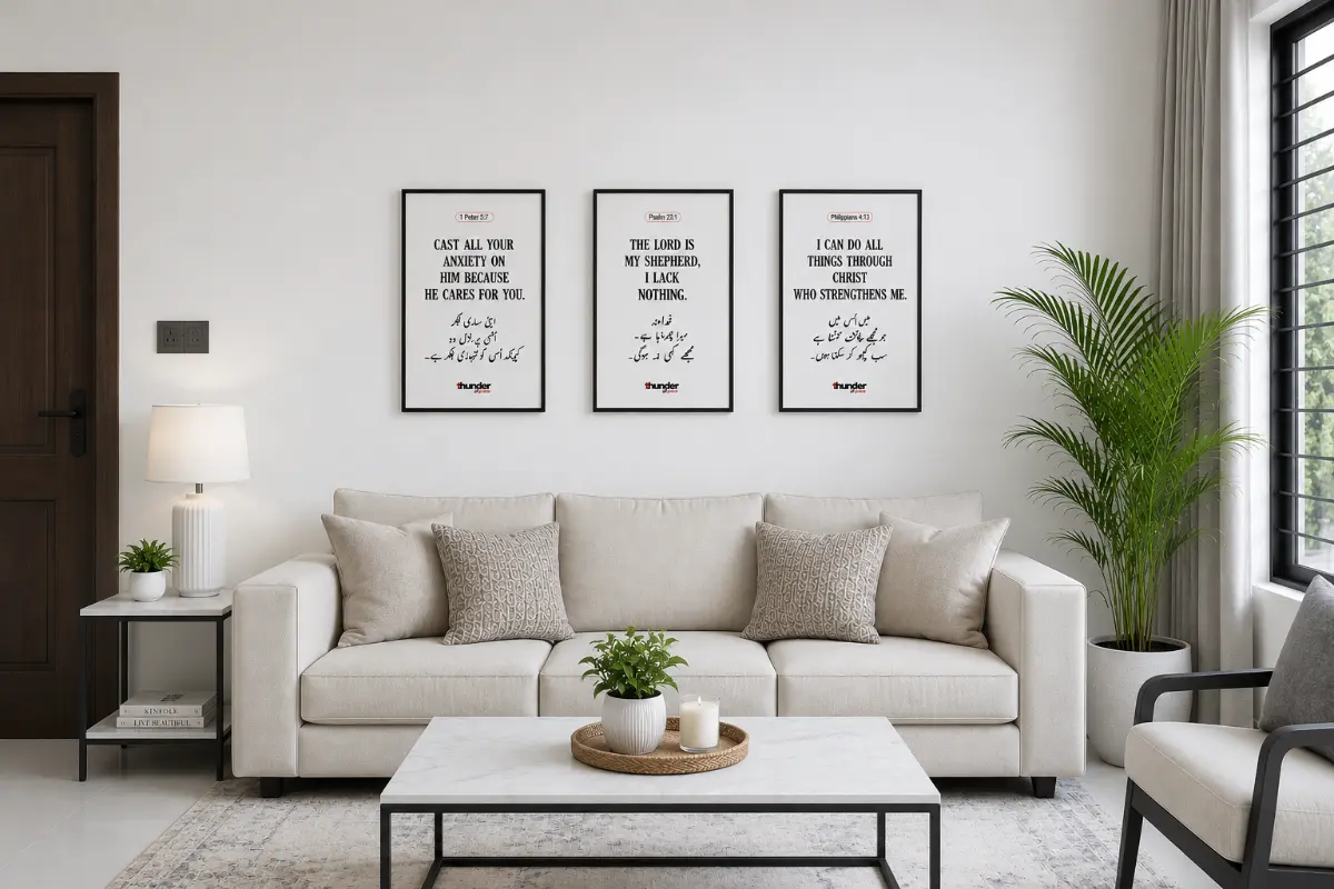 Three crystal Christian frames with Bible verses displayed together on a white wall — Thunder of Grace Pakistan