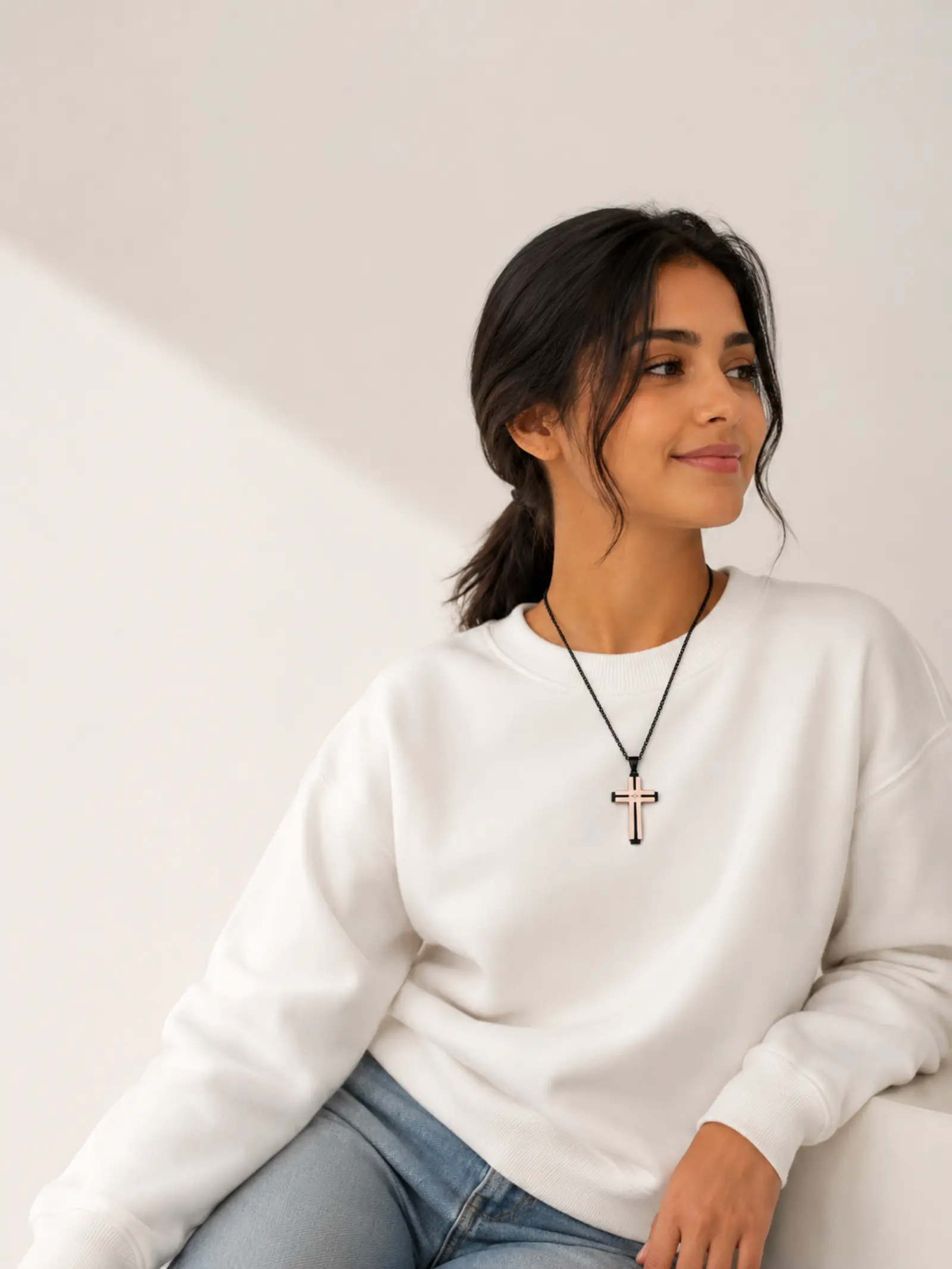 Woman wearing cross necklace, Thunder of Grace