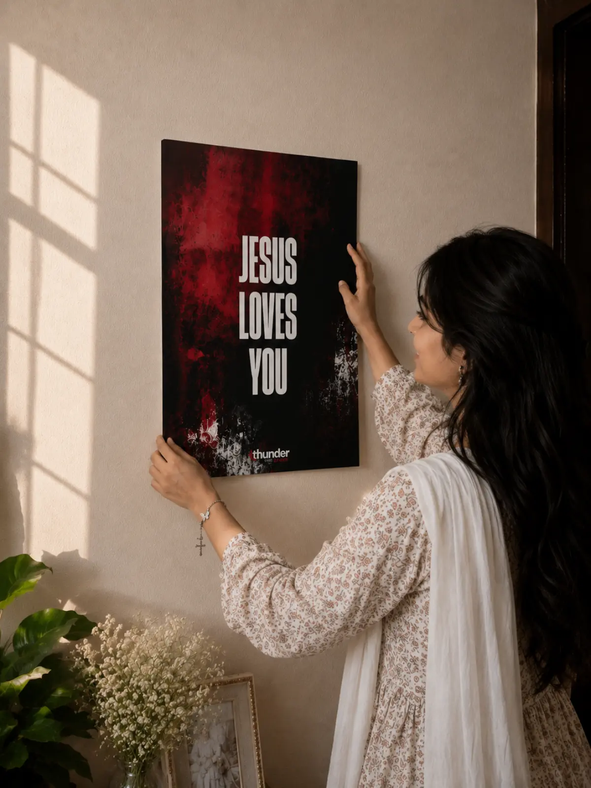 A girl hanging a Thunder of Grace crystal Christian frame at home