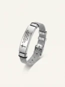 Stainless steel Christian bracelet engraved with Luke 1:37 Bible verse and cross featuring an adjustable Milanese mesh strap.