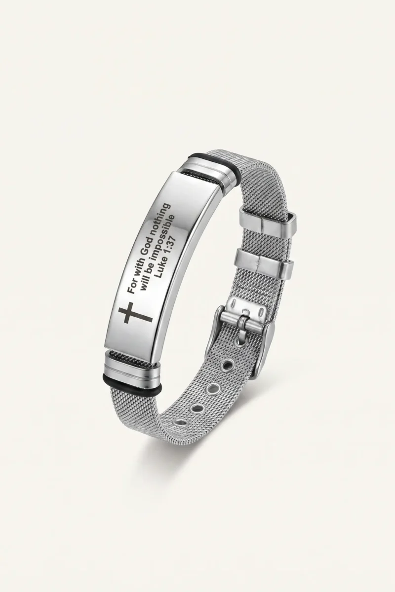 Stainless steel Christian bracelet engraved with Luke 1:37 Bible verse and cross featuring an adjustable Milanese mesh strap.