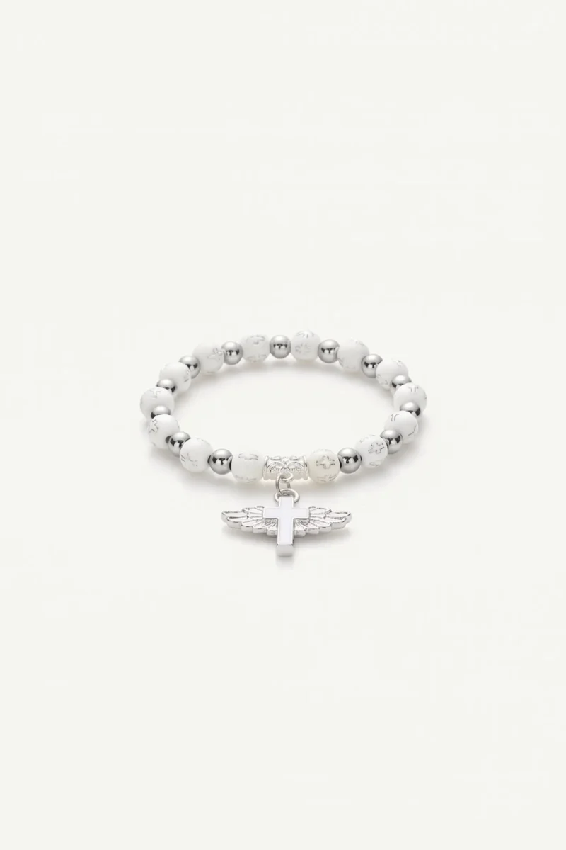 White marble stone Christian bracelet featuring polished silver accents and a guardian angel wing cross charm.