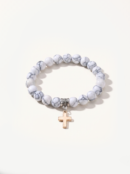 Christian Cross Stone Bracelet featuring Black Lava Stone beads and White Marble beads with elegant cross charms for men and women.