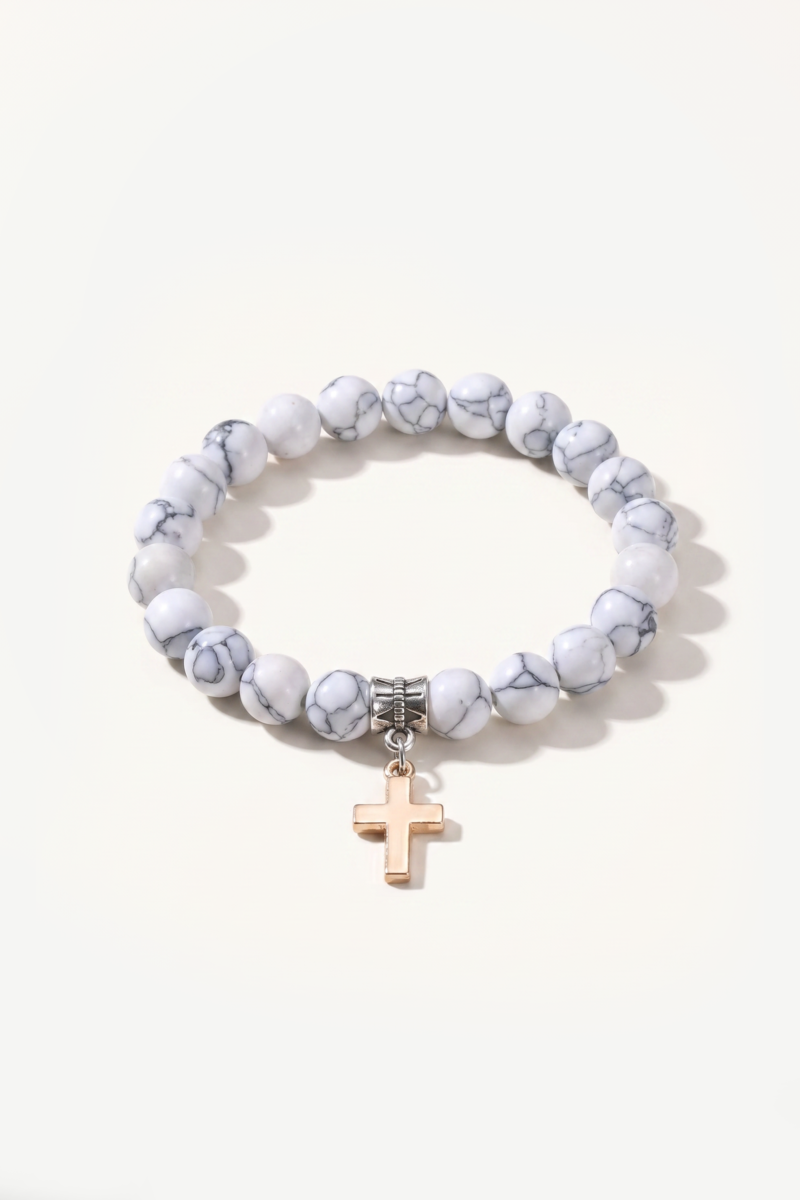 Christian Cross Stone Bracelet featuring Black Lava Stone beads and White Marble beads with elegant cross charms for men and women.