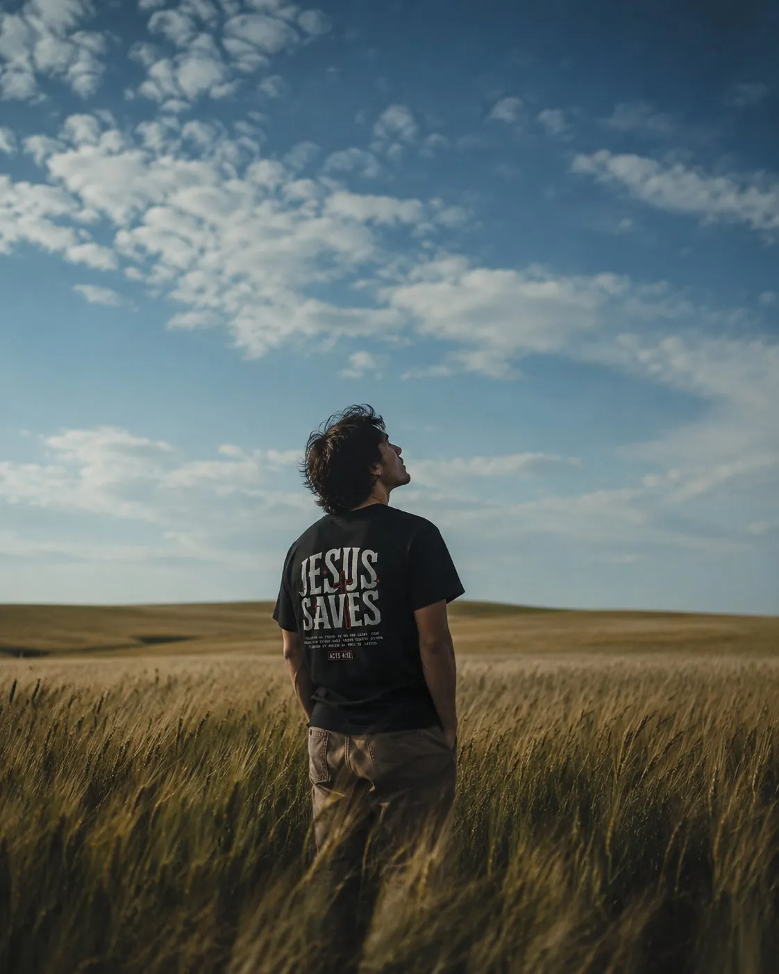 Man in a wheat field looking to the sky wearing the Jesus Saves tee