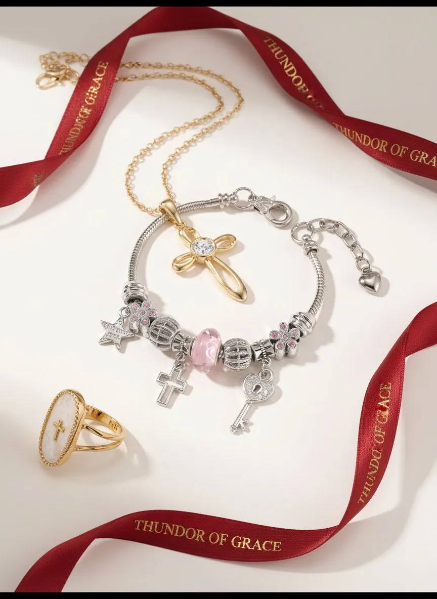 Cross necklace, charm bracelet and ring with Thunder of Grace ribbon