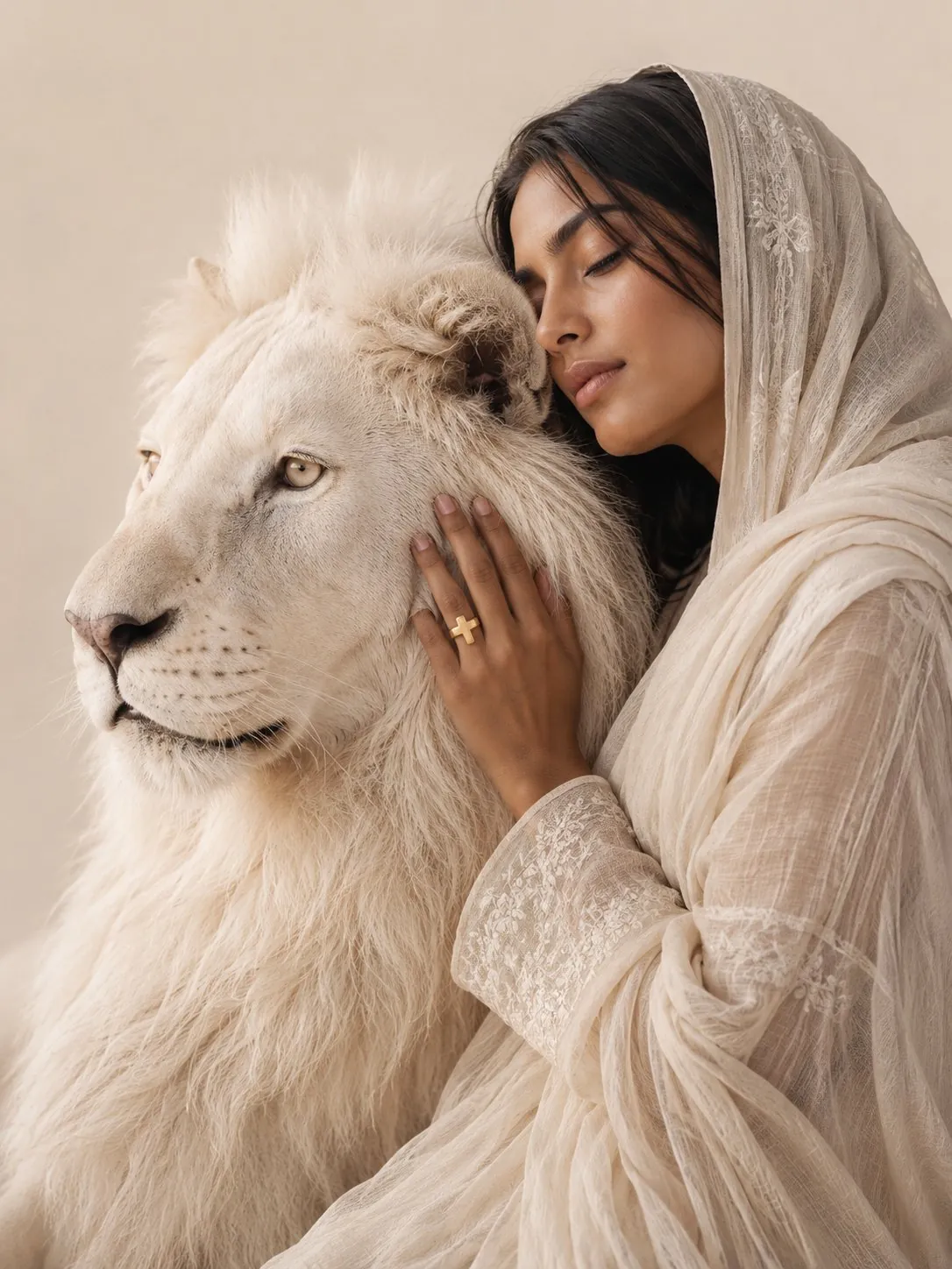 Woman in a cross ring resting against a white lion