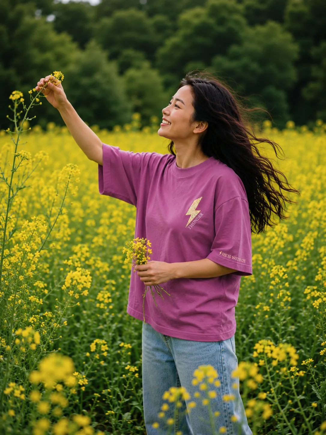 Woman in a field wearing the Women of Faith tee
